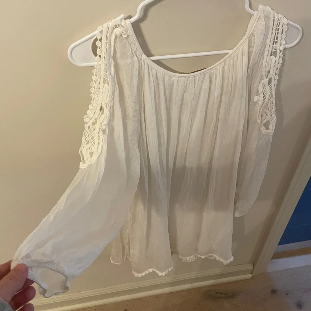 100% Silk White Flowy Lace Trim Peasant Blouse Bridal Wedding Resortwear Beach - Picture 4 of 6